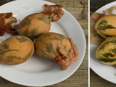 Как покрасить яйца луковой шелухой с помощью марли и укропа