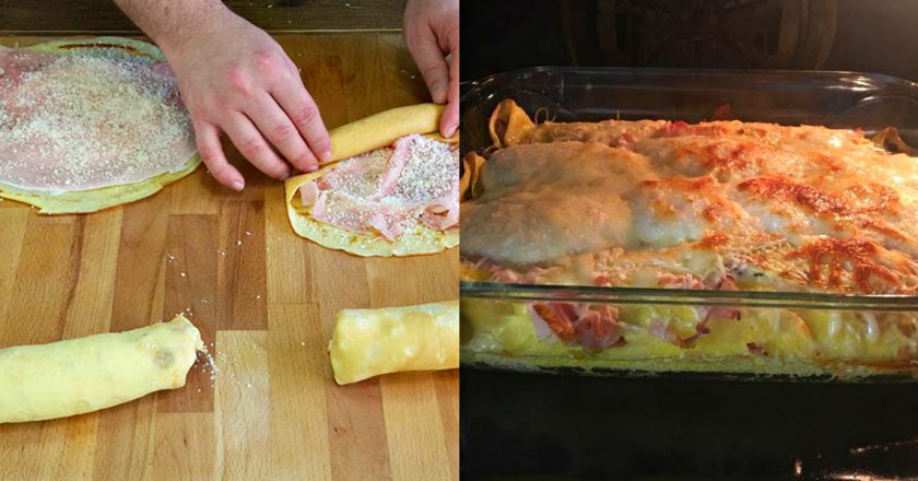 Блинная запеканка с ветчиной и сыром