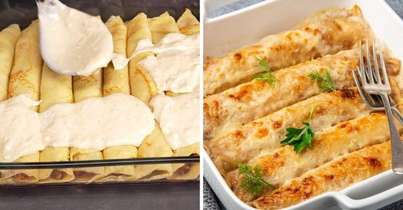 готовые блины с курицей и грибами