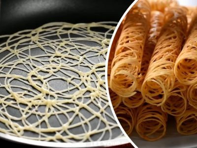 Десерт из теста «Паутинка»: ажурные трубочки на сковороде
