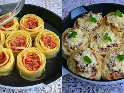 Гнезда с фаршем и овощами