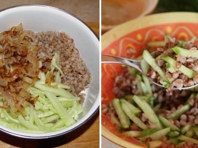 Гречка с луком и огурцами