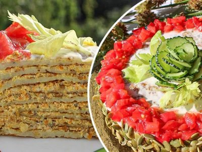 Нежный кабачковый торт с грибами и творогом