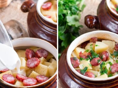 Картофель с колбасками в горшочках
