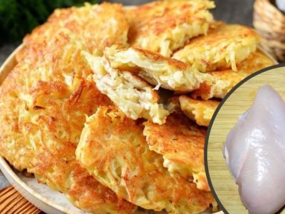 Картофельные драники с курицей на сковороде