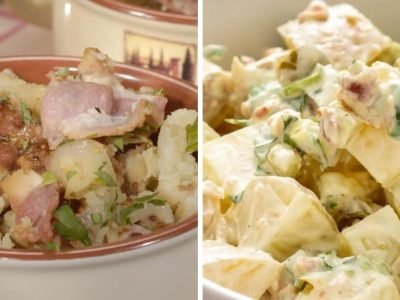 Праздничный картофельный салат с беконом и огурцами