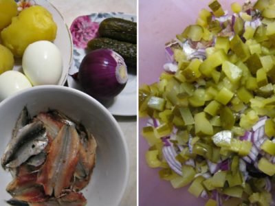 Картофельный салат с килькой и вареными яйцами