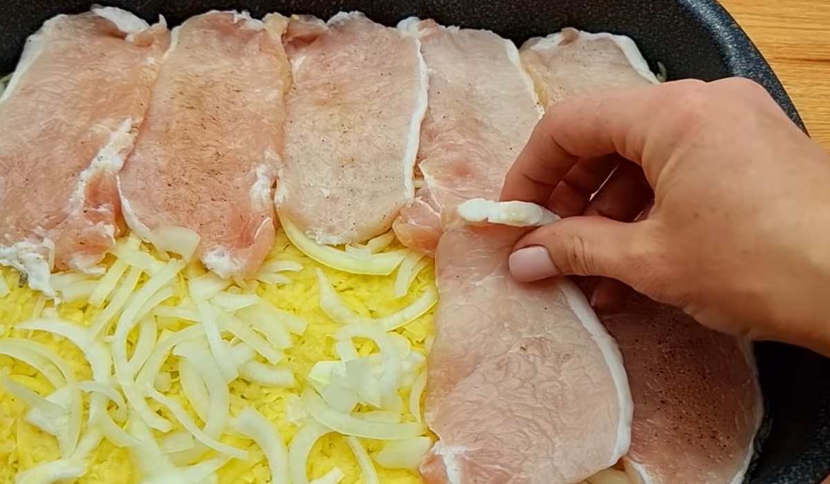 слои лука и мяса