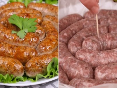 Домашние колбаски из свинины и курицы