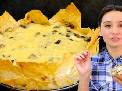 Ленивый пирог из лаваша с курицей и грибами