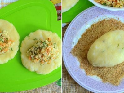 Манные зразы с курицей и овощами