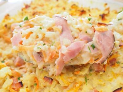 Пирог без теста с рисом и ветчиной