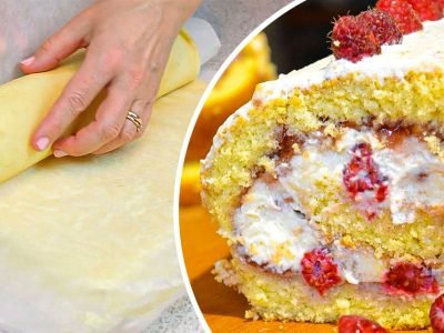 Воздушный рулет без муки с творожным кремом и ягодами