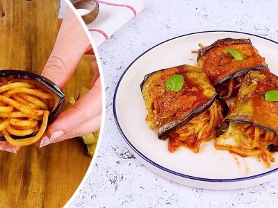 Рулетики из баклажанов со спагетти