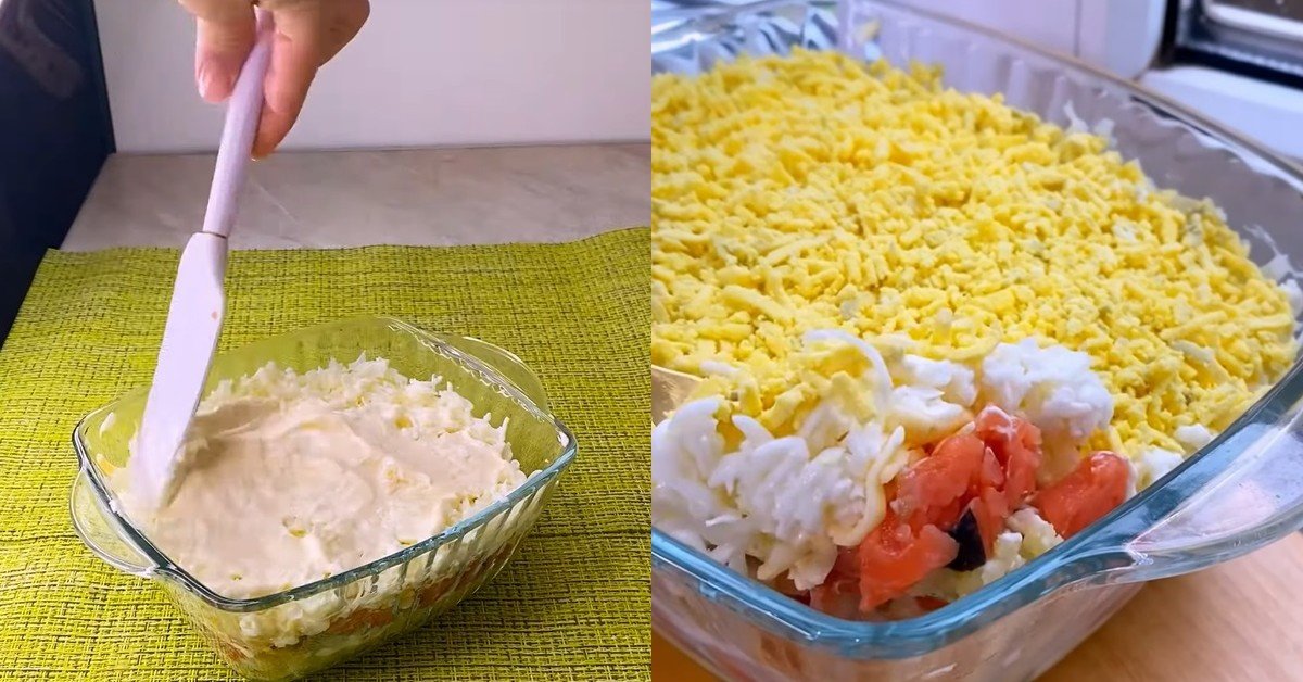 салат одуванчик с красной рыбой