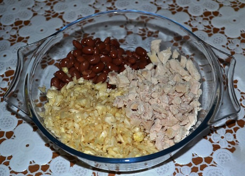 капуста с курицей и фасолью