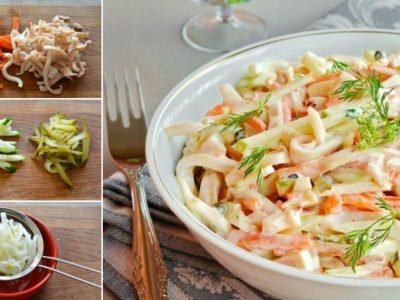 Легкий салат с кальмаром и огурцом