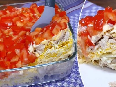 Многослойный салат с курицей и помидорами