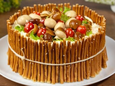 Салат с маринованными грибами и ветчиной