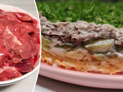 Многослойный салат с куриной печенью и огурцами