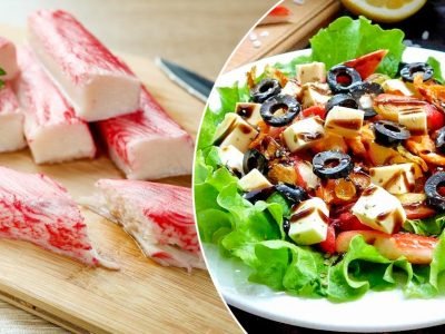 Пикантный салат с жареными крабовыми палочками