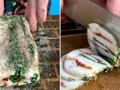 Сало гармошкой с аджикой и зеленью