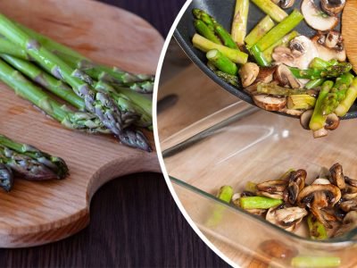 Спаржа с грибами на сковороде