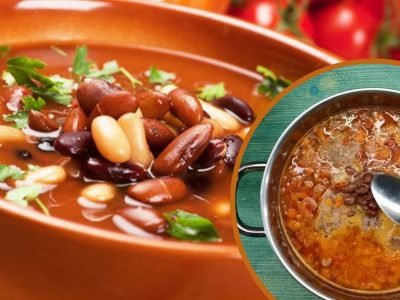 Суп с копченой колбасой и фасолью