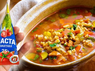 Томатный рассольник с курицей и перловкой