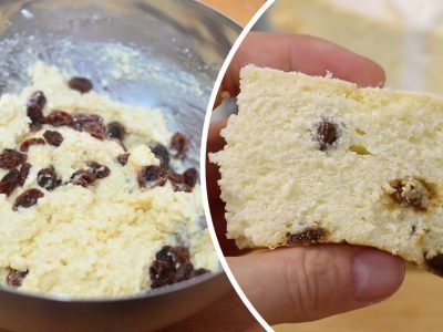 Пышная творожная запеканка с изюмом