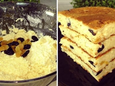 Творожный коржик с изюмом на сковороде
