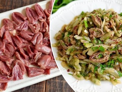 Пряная закуска с куриными сердечками