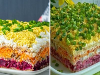 Закусочный торт с селедкой «Перевернутая шуба»