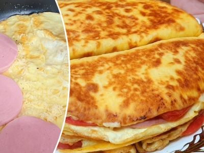 Ленивый завтрак с тортильей на сковороде